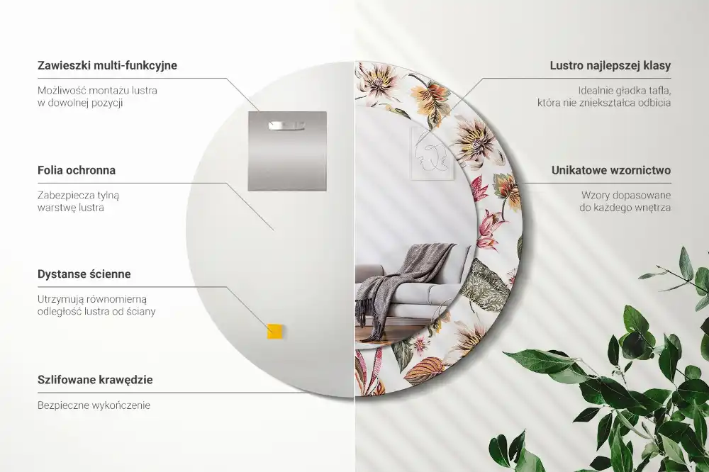 Miroir rond cadre avec impression fleurs vintage