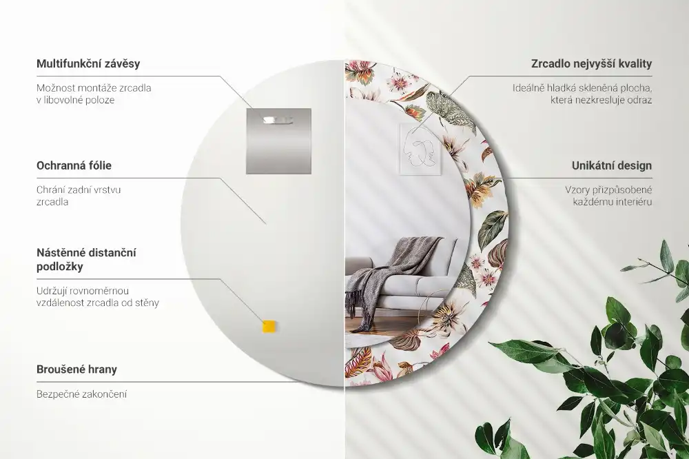 Miroir rond cadre avec impression fleurs vintage