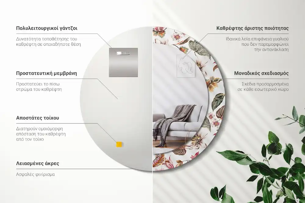 Miroir rond cadre avec impression fleurs vintage