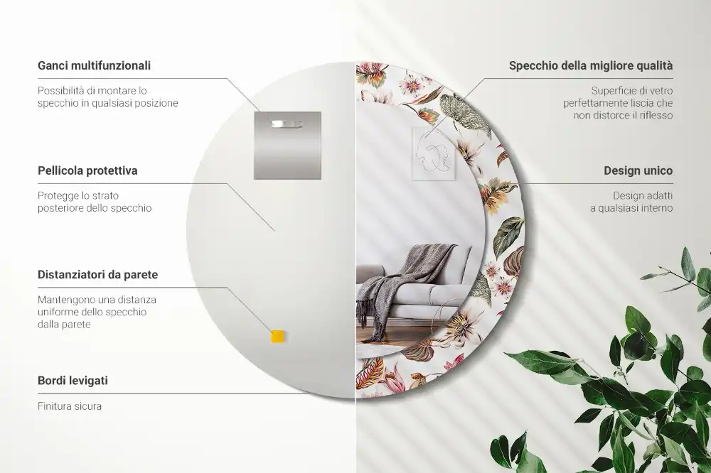 Miroir rond cadre avec impression fleurs vintage