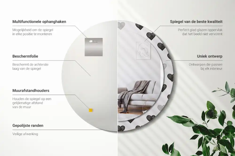 Miroir rond cadre avec impression cœurs abstraits
