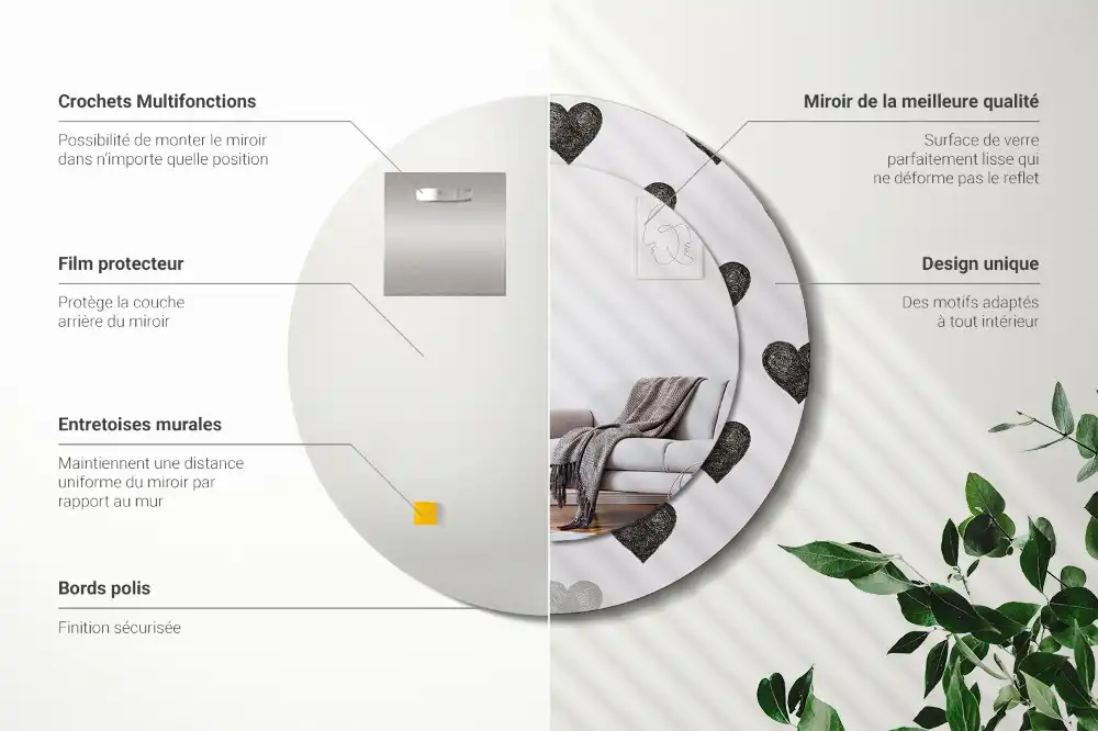 Miroir rond cadre avec impression cœurs abstraits