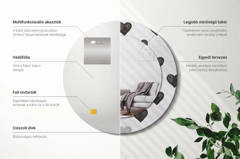 Miroir rond cadre avec impression cœurs abstraits