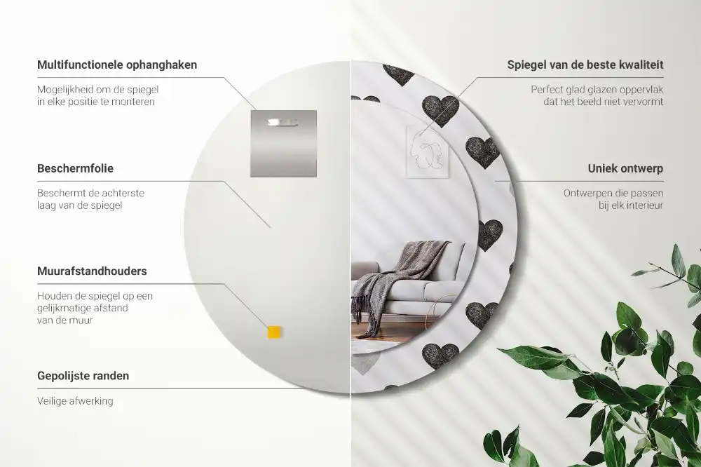 Miroir rond cadre avec impression cœurs abstraits