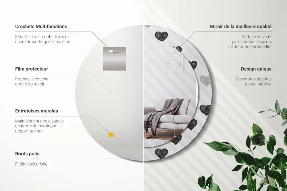 Miroir rond cadre avec impression cœurs abstraits