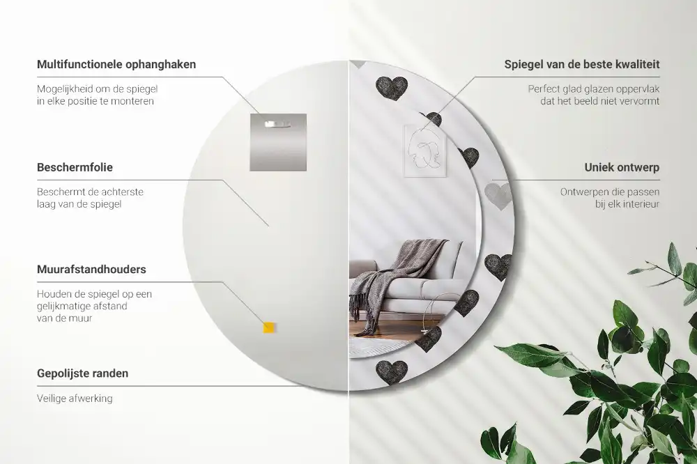 Miroir rond cadre avec impression cœurs abstraits