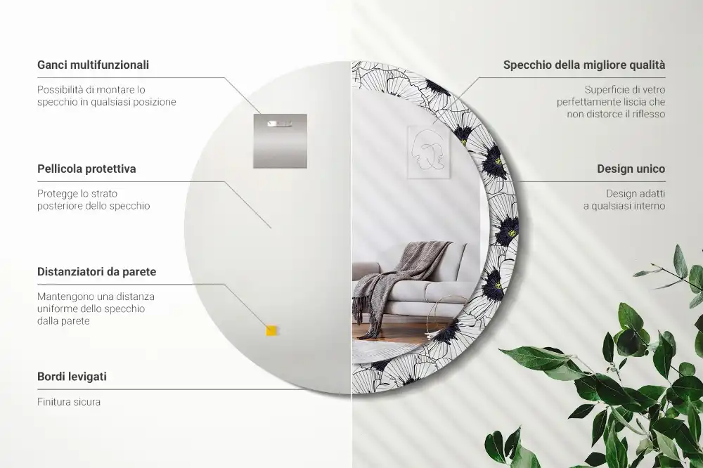 Miroir rond cadre imprimé composition florale