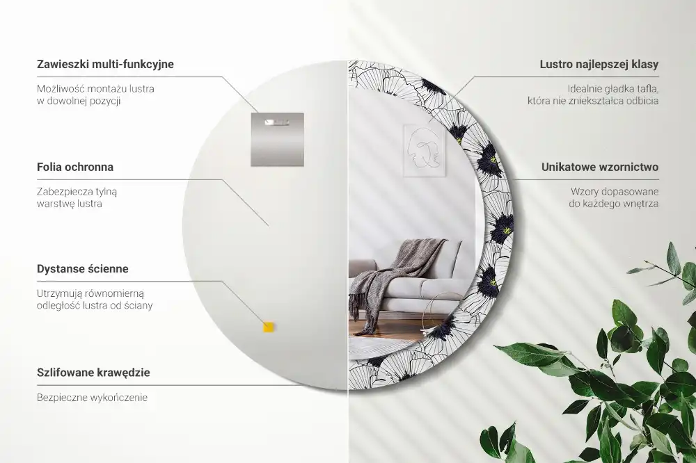 Miroir rond cadre imprimé composition florale