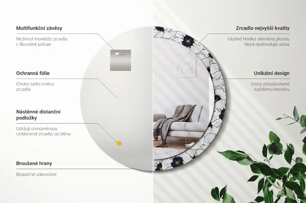 Miroir rond cadre imprimé composition florale