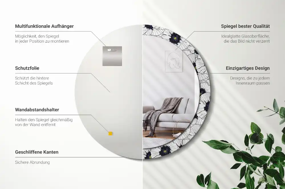 Miroir rond cadre imprimé composition florale