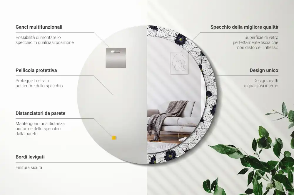 Miroir rond cadre imprimé composition florale