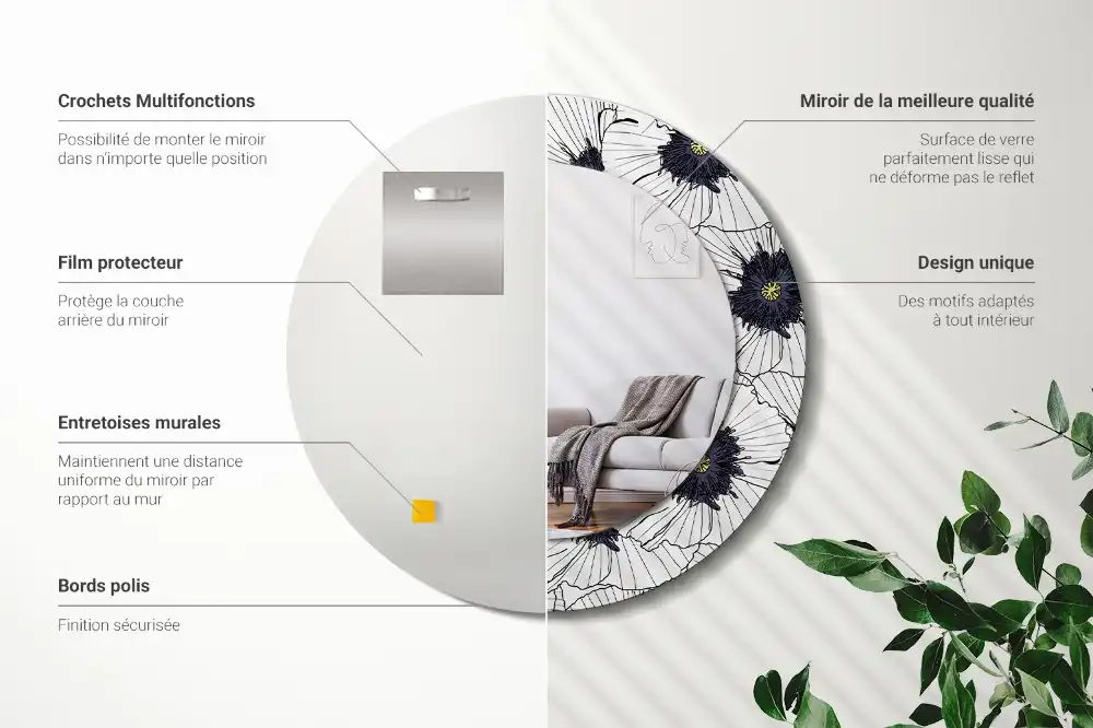 Miroir rond cadre imprimé composition florale