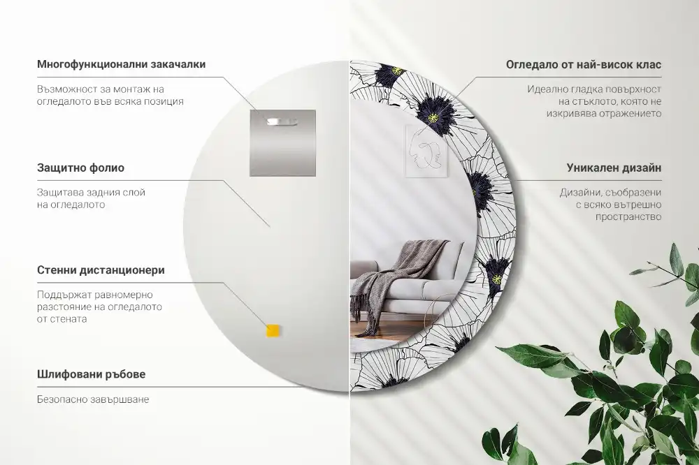 Miroir rond cadre imprimé composition florale