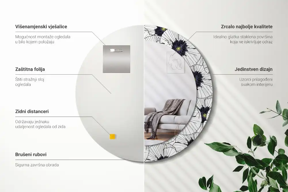 Miroir rond cadre imprimé composition florale