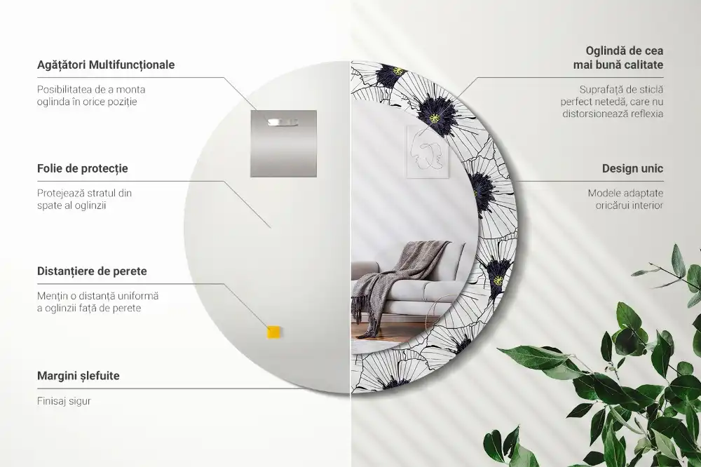 Miroir rond cadre imprimé composition florale