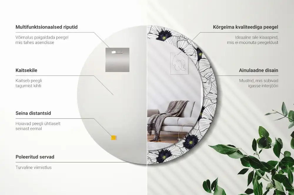 Miroir rond cadre imprimé composition florale