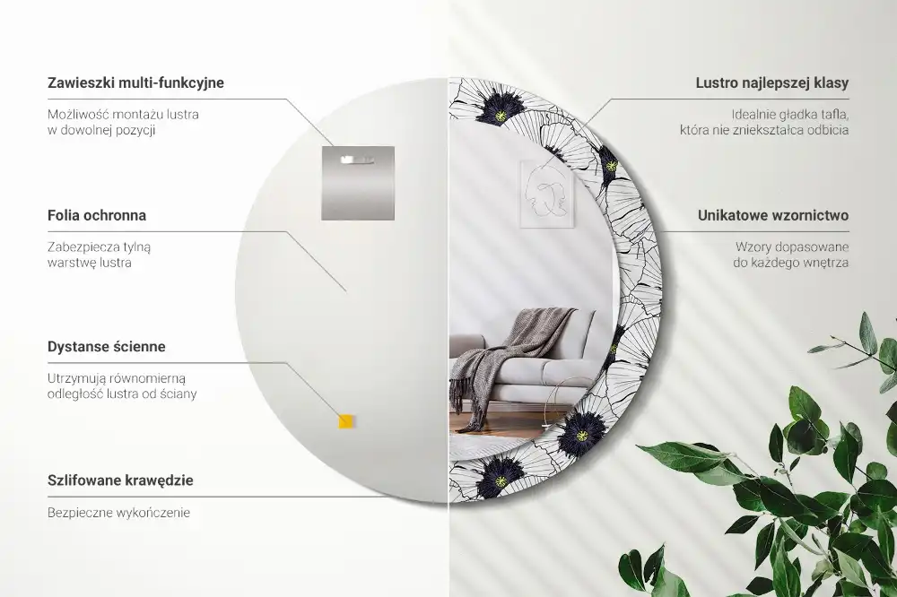 Miroir rond cadre imprimé composition florale