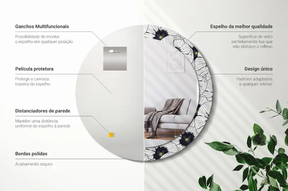 Miroir rond cadre imprimé composition florale