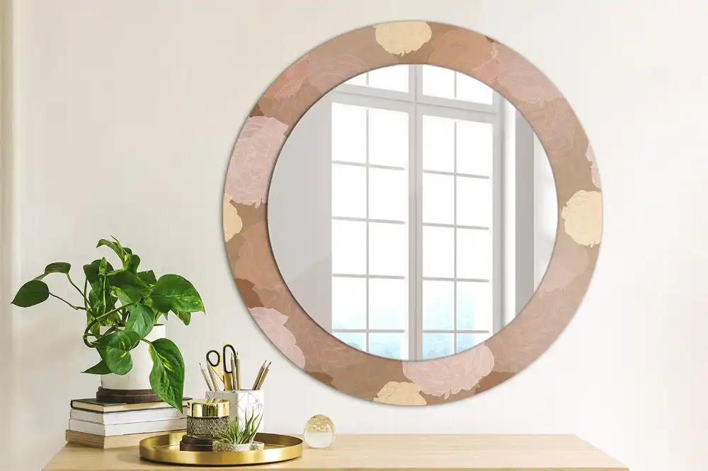 Miroir rond cadre avec impression composition de roses