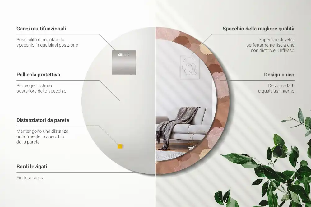 Miroir rond cadre avec impression composition de roses