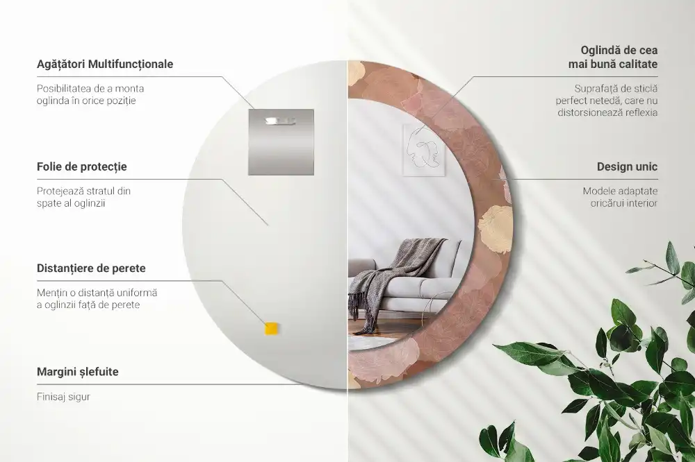 Miroir rond cadre avec impression composition de roses