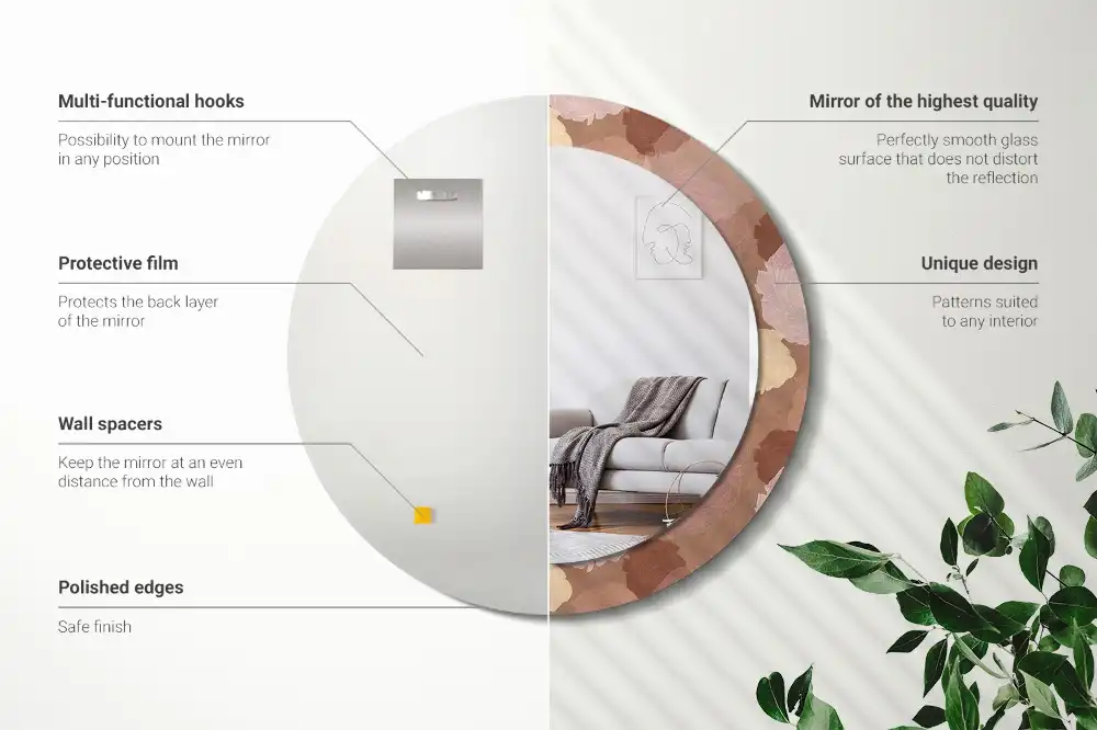 Miroir rond cadre avec impression composition de roses