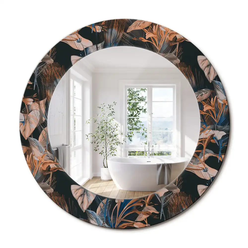 Miroir rond cadre avec impression feuilles tropicales sombres