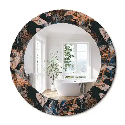 Miroir rond cadre avec impression feuilles tropicales sombres