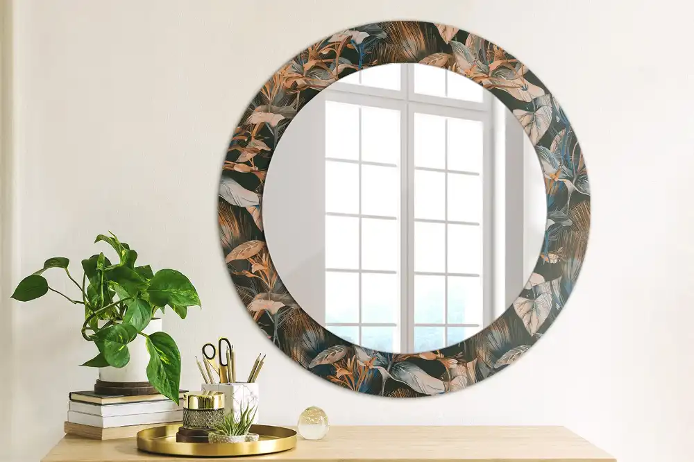 Miroir rond cadre avec impression feuilles tropicales sombres