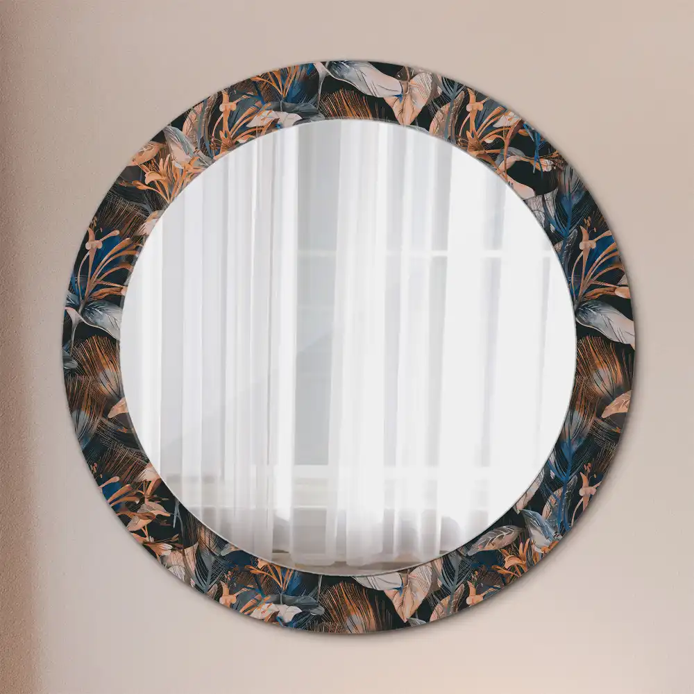Miroir rond cadre avec impression feuilles tropicales sombres