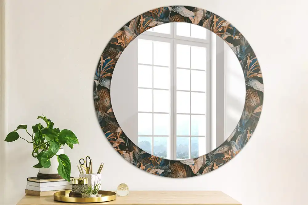 Miroir rond cadre avec impression feuilles tropicales sombres