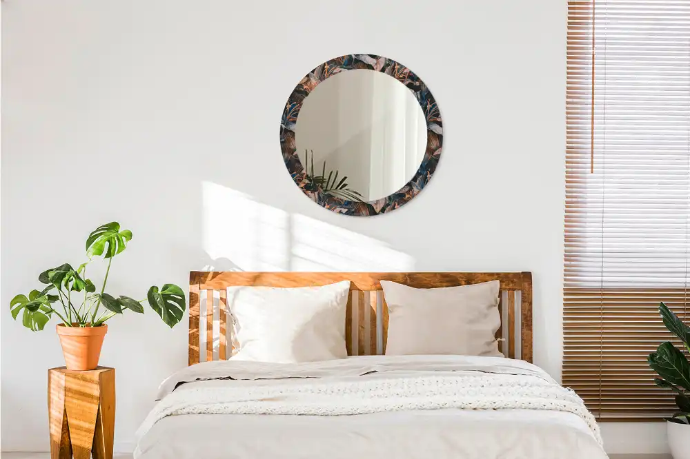 Miroir rond cadre avec impression feuilles tropicales sombres