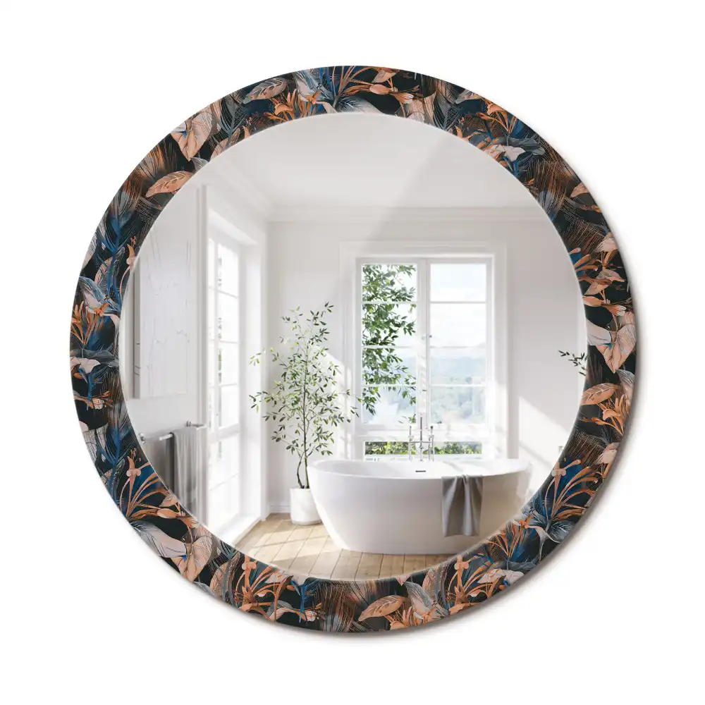 Miroir rond cadre avec impression feuilles tropicales sombres