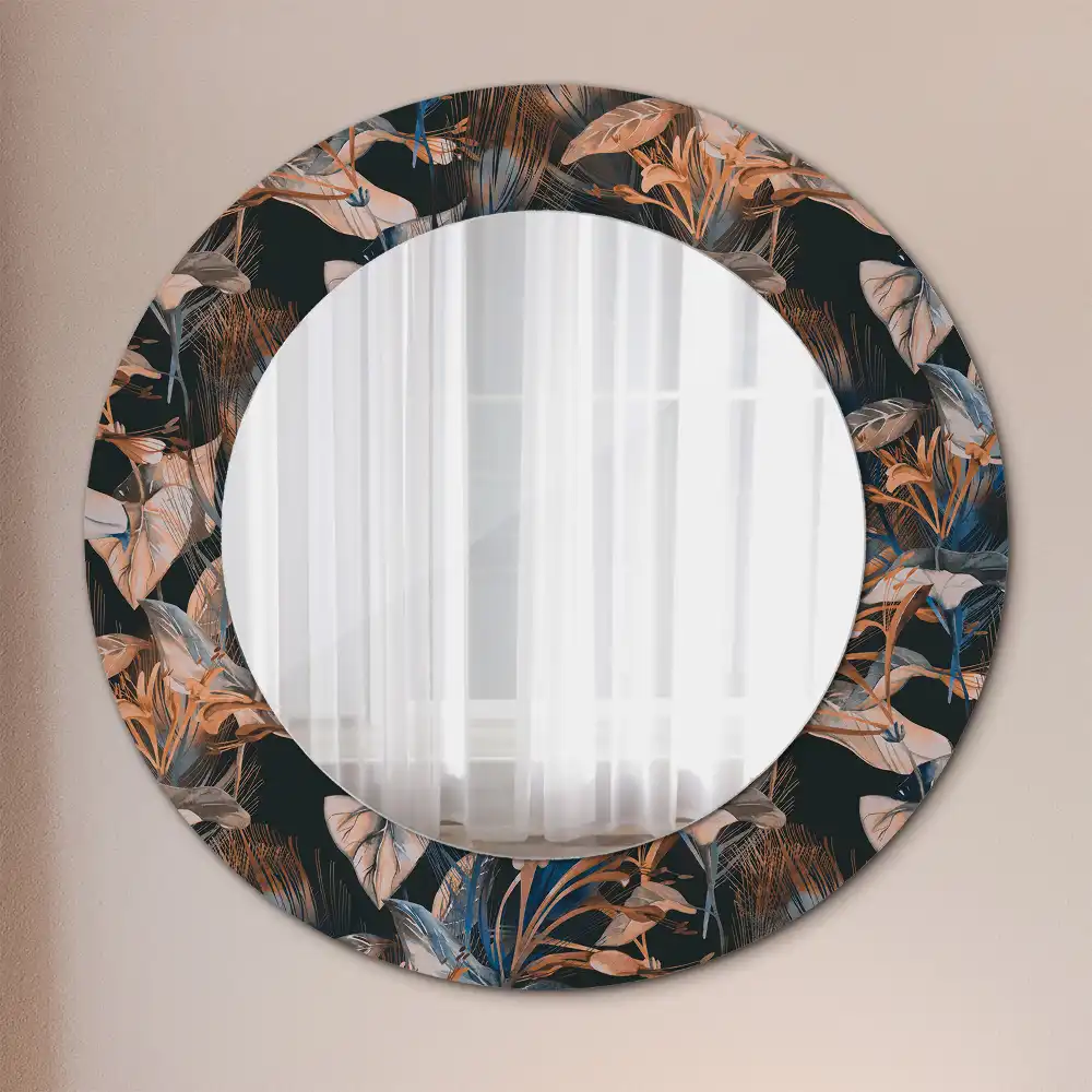 Miroir rond cadre avec impression feuilles tropicales sombres