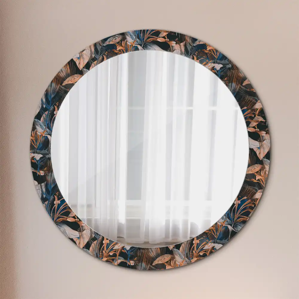 Miroir rond cadre avec impression feuilles tropicales sombres