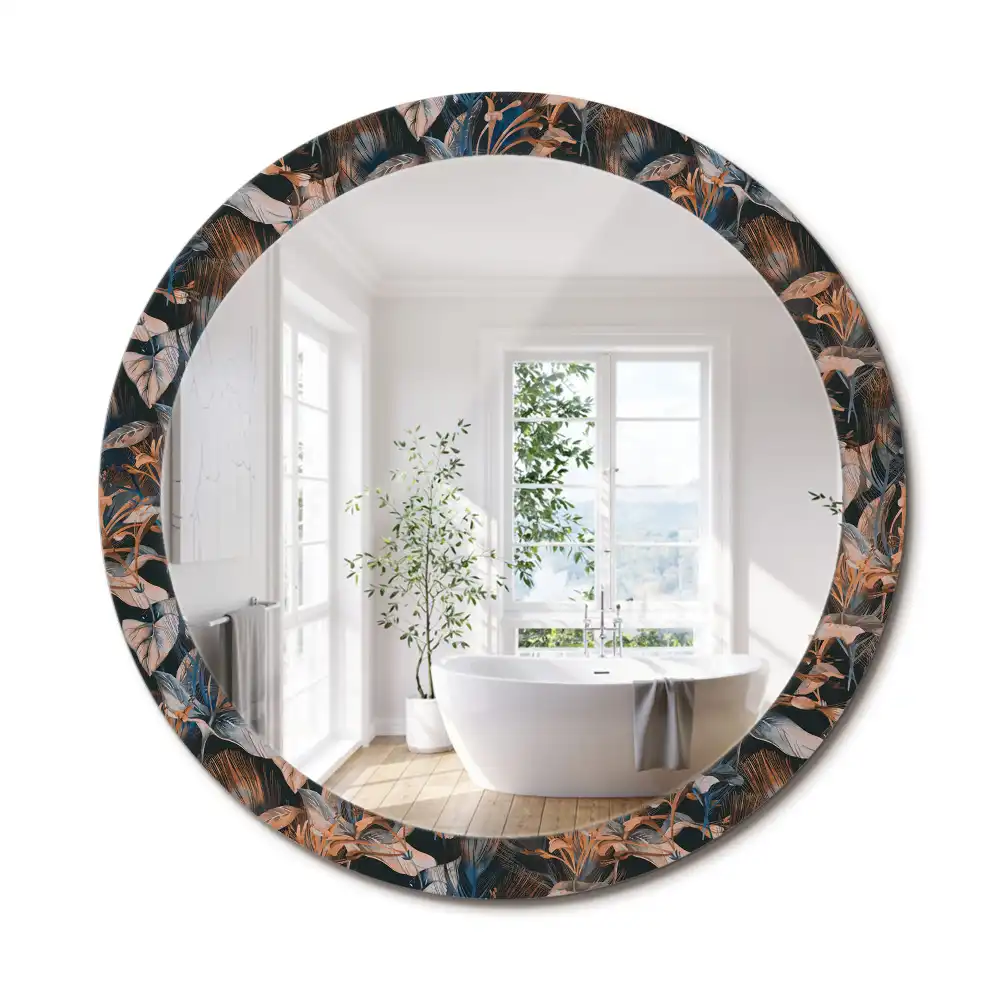 Miroir rond cadre avec impression feuilles tropicales sombres
