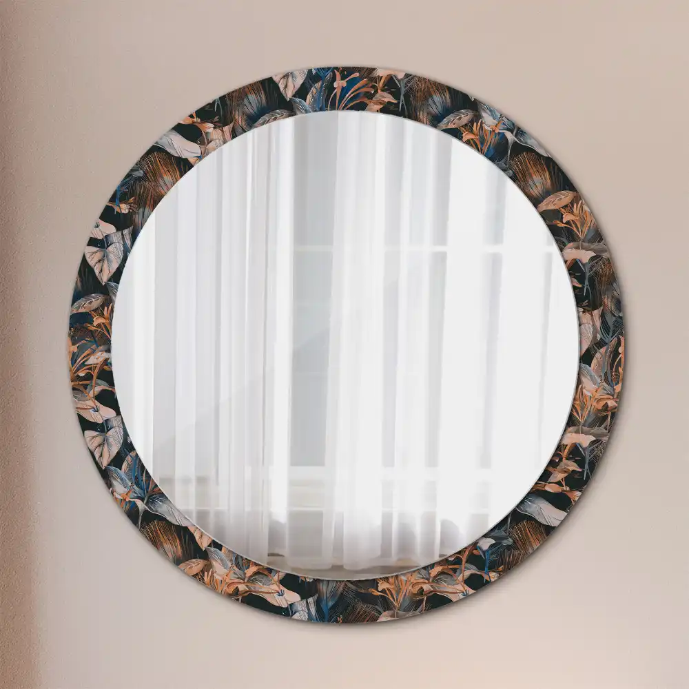 Miroir rond cadre avec impression feuilles tropicales sombres