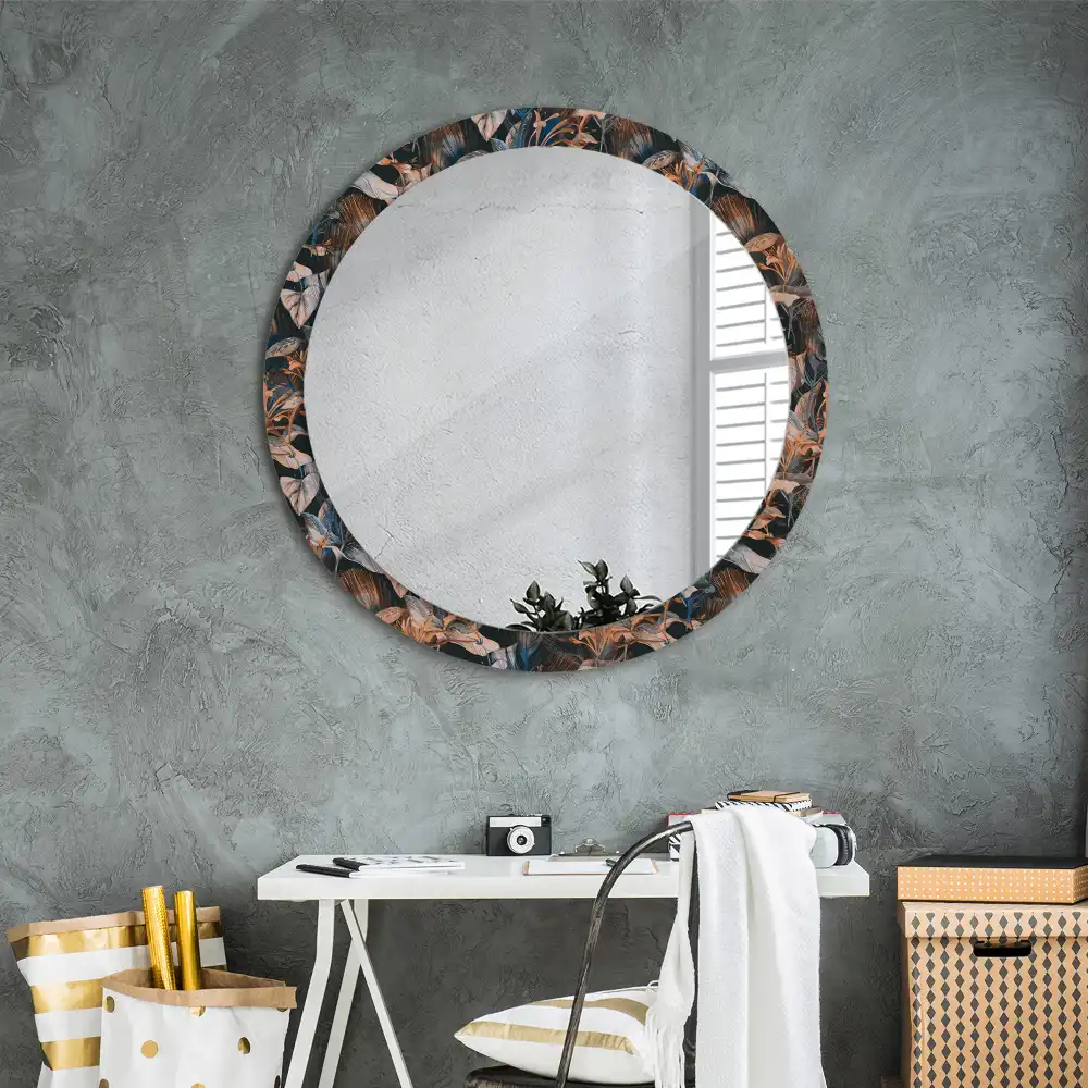 Miroir rond cadre avec impression feuilles tropicales sombres