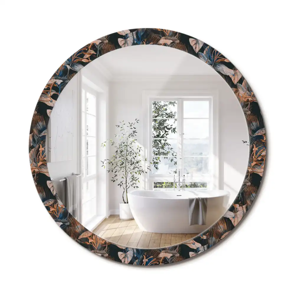 Miroir rond cadre avec impression feuilles tropicales sombres