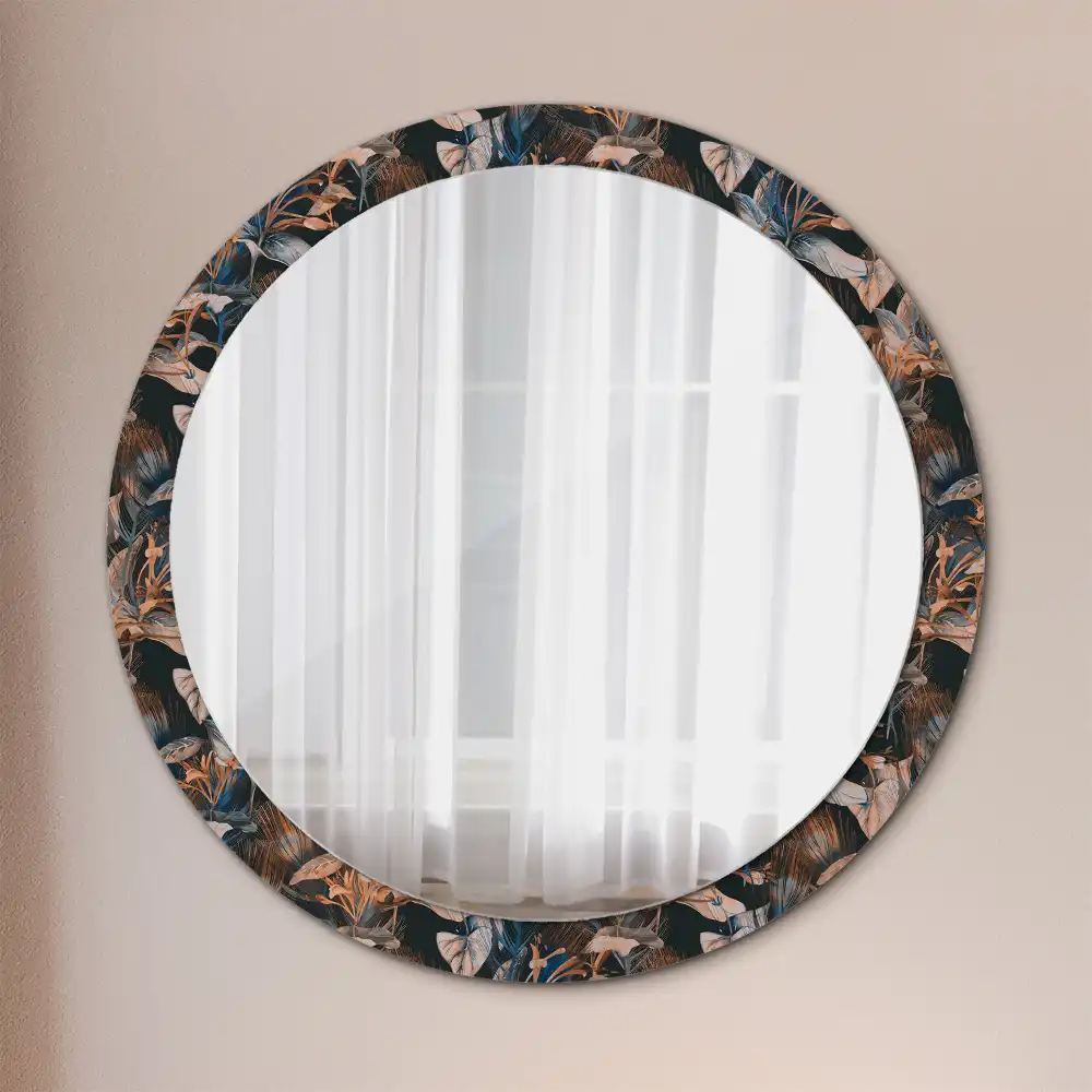 Miroir rond cadre avec impression feuilles tropicales sombres