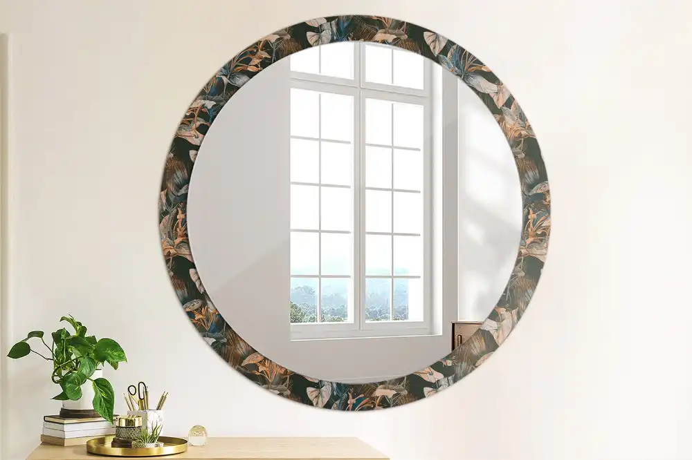 Miroir rond cadre avec impression feuilles tropicales sombres