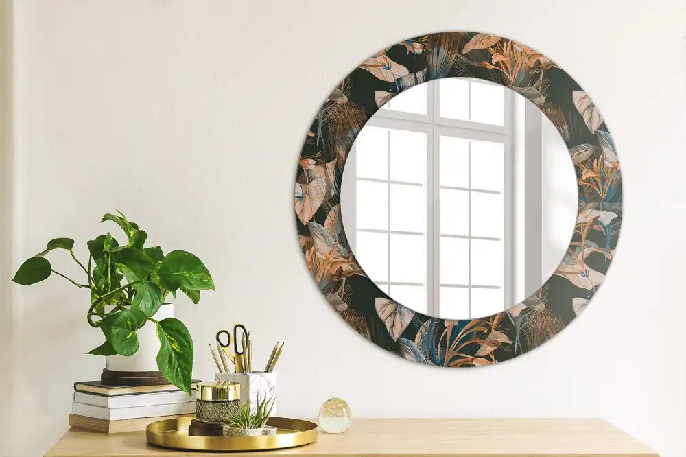 Miroir rond cadre avec impression feuilles tropicales sombres