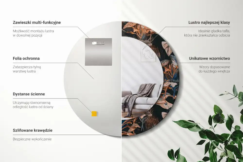 Miroir rond cadre avec impression feuilles tropicales sombres