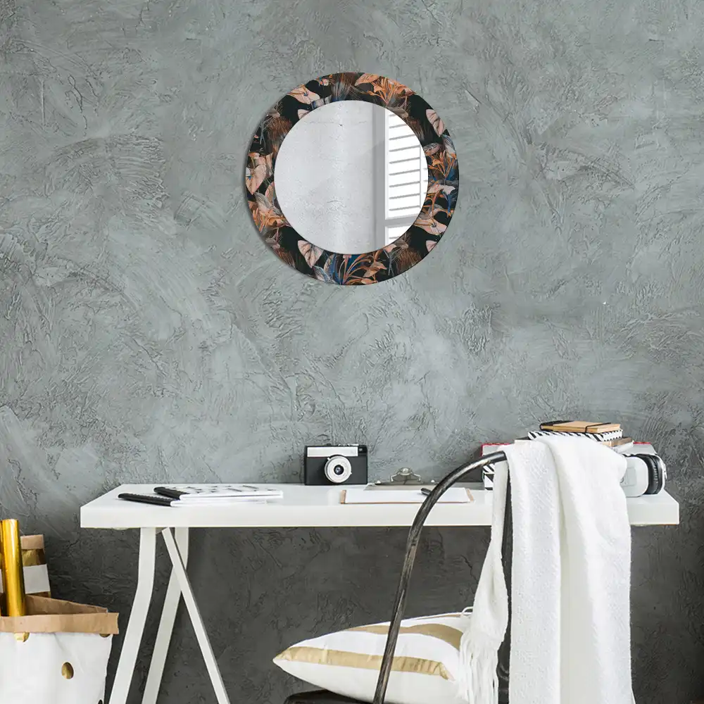 Miroir rond cadre avec impression feuilles tropicales sombres