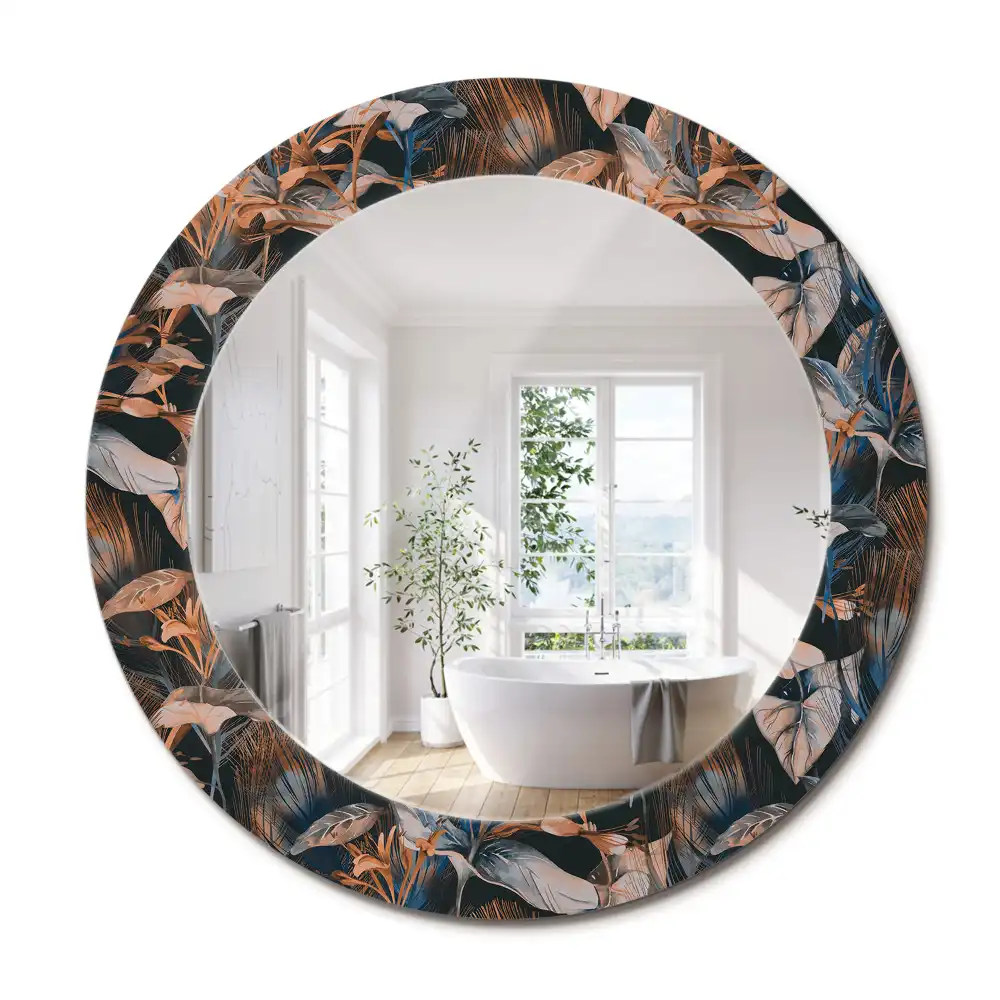 Miroir rond cadre avec impression feuilles tropicales sombres