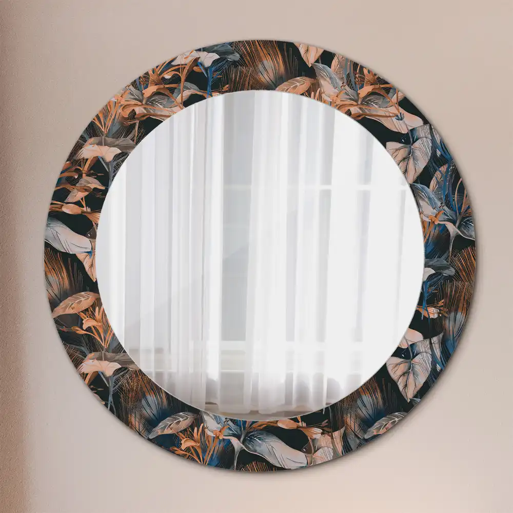 Miroir rond cadre avec impression feuilles tropicales sombres
