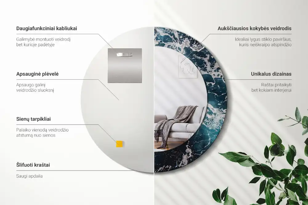 Miroir rond avec décoration mer déchaînée