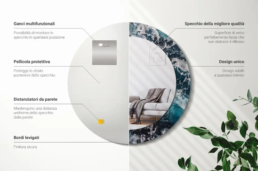 Miroir rond avec décoration mer déchaînée