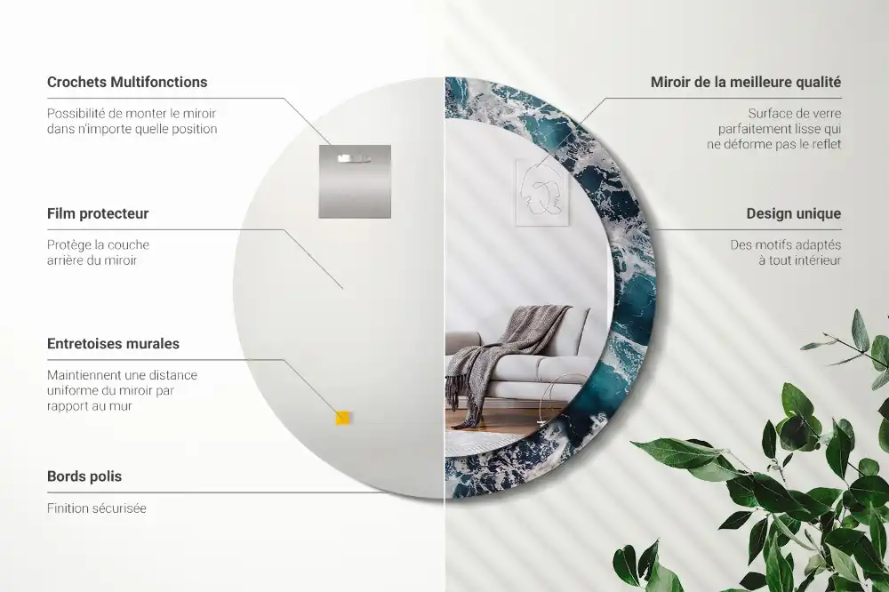 Miroir rond avec décoration mer déchaînée