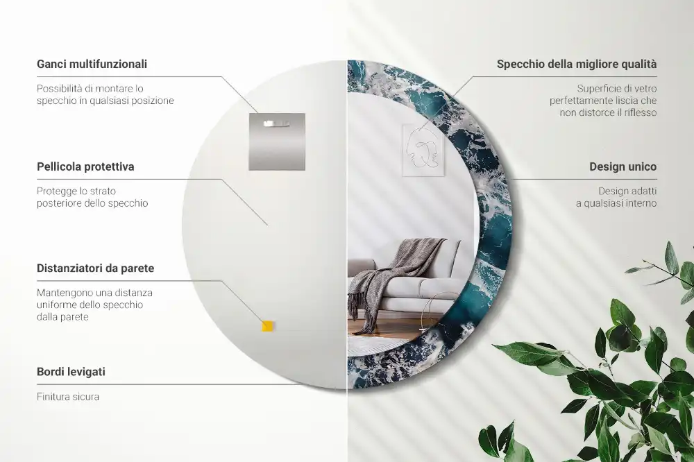 Miroir rond avec décoration mer déchaînée